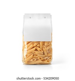Transparent Plastic Pasta Bag With Paper Label Isolated On White Background. Packaging Template Mockup Collection. With Clipping Path Included. Stand-up Back View. Penne Rigate Shape