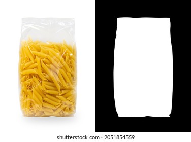 Transparent plastic pasta bag penne rigate on white background. With alpha channel