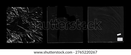 Transparent Plastic Wrap Texture Set with Torn and Crumpled Film. Plastic film textures featuring crumpled wrap, torn sheet. Polyethylene packaging mockups for album cover, cd, vinyl. Photo set