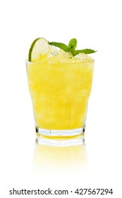 Transparent Refreshing Cocktail In A Glass With Lemon And Mint