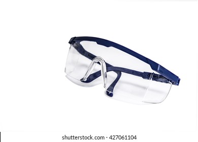 Transparent Safety Goggles With Blue Frames For Power Tool Operation To Prevent Harmful Splashes Of Particle In Industrial Or Medical Operation