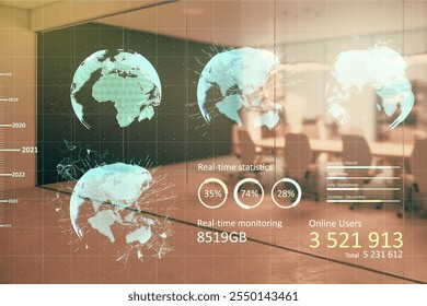 Transparent screen with global data visualization, digital graphics, office background, concept of technology in business analytics overlay