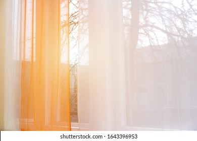 Transparent Sheer White And Yellow Curtain With Sunlight Through Window Glass In Bedroom At Early Morning