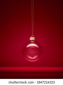 Transparent Shiny Glass Christmas Ball With Light Reflection. Ornament Hanging On Golden String. Christmas Decoration, Festive Atmosphere Concept.