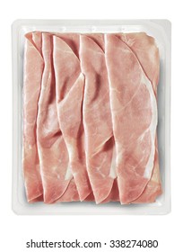 Transparent Tray Of Presliced Baked Ham Top View