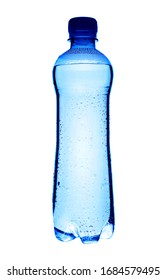 Transparent Wet Plastic Bottle With A Blue Cork.  Pure, Still, Drinking Water. Isolated On White Background