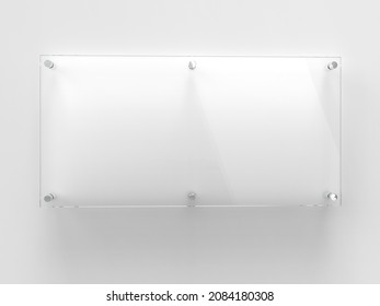 Transparent wide glass nameplate on spacer metal holders. Clear printing board for branding. Acrylic advertising signboard on white background mock-up front view. Size 500 x 250 mm. 3D illustration - Shutterstock ID 2084180308