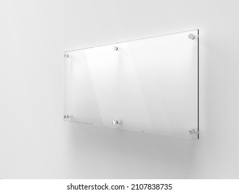 Transparent wide glass nameplate on spacer metal holders. Clear printing board for branding. Acrylic advertising signboard on white background mock-up side view. Size 500 x 250 mm. 3D illustration