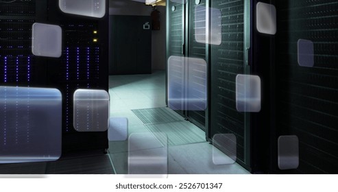 Transparent windows moving over computer server room. Communication, data and digital interface technology, digitally generated image.