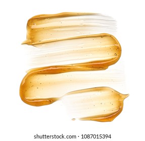 Transparent yellow smear of face cream or golden honey isolated on white background. Golden creamy honey texture on white background