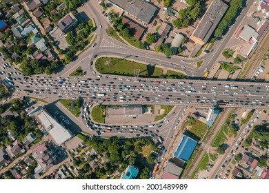 Transport Aerials - Top Down View Of Freeway Busy City Rush Hour Heavy Traffic Jam Highway.