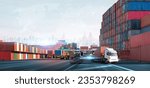 Transport of container cargo truck at container yard background, Commercial seaport and depot service management system, Logistics import export goods of freight global transportation industry concept