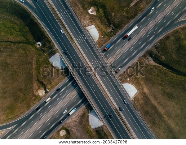 Transport junction traffic road. Aerial view of\
M7 highway. Kazan, Tatarstan, Russia.\
