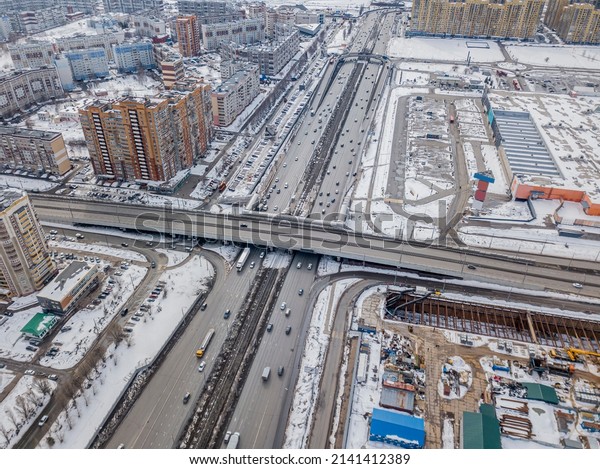 Transport junction traffic road. Aerial\
high above view of modern road junction. Top down view of traffic.\
intersections in the city. Kazan,\
Russia