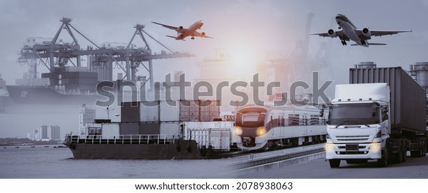 transport and\
logistics Trucks on motorways, planes, cargo ships and industrial\
containers. blue\
background