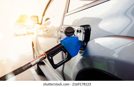 Transport Pickup Trucks Refueling Diesel Fuel At Gas Stations During The Fuel Crisis, Expensive, High Cost And Financial Problems.