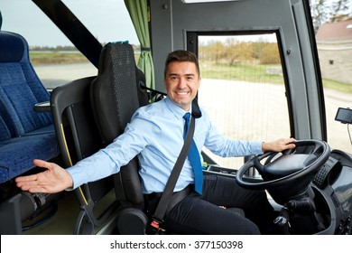 transport, tourism, road trip, gesture and people concept - happy driver inviting on board of intercity bus - Shutterstock ID 377150398