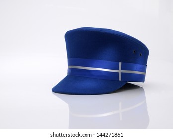 Transport Train Bus Blue Peak Cap Hat On White Background With Reflection