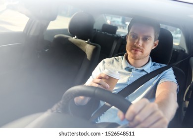 transport, vehicle and driving concept - tired sleepy man or car driver with takeaway coffee cup - Shutterstock ID 1526548511