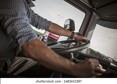 Transportation And Automotive Industry. Commercial Driving. Caucasian Truck Behind The Wheel.