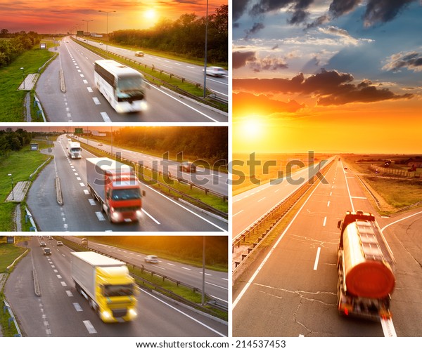 Transportation collage concept.Truck and bus on\
highway at\
sunset