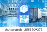 Transportation of frozen products. Transportation of refrigerated goods. Refrigerator container on truck. Racks with boxes inside truck. Frozen food logistics. Refrigerator on truck.