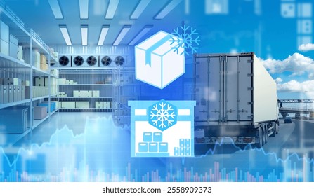 Transportation of frozen products. Transportation of refrigerated goods. Refrigerator container on truck. Racks with boxes inside truck. Frozen food logistics. Refrigerator on truck.