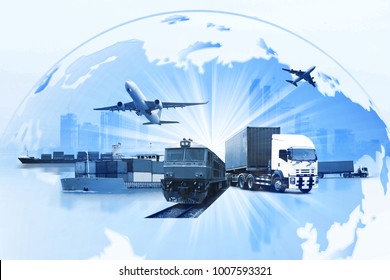 Transportation, import-export and logistics concept, container truck, ship in port and freight cargo plane in transport and import-export commercial logistic, shipping business industry  - Shutterstock ID 1007593321
