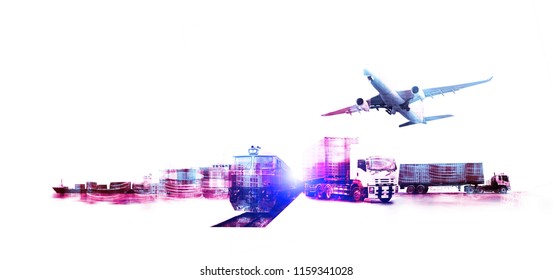 Transportation, import-export and logistics concept, container truck, ship in port and freight cargo plane in transport and import-export commercial logistic, shipping business industry 