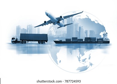 Transportation, import-export and logistics concept, container truck, ship in port and freight cargo plane in transport and import-export commercial logistic, shipping business industry  - Shutterstock ID 787724593
