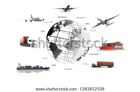 Transportation, import-export and logistics concept, container truck, ship in port and freight cargo plane in transport and import-export commercial logistic, shipping business industry