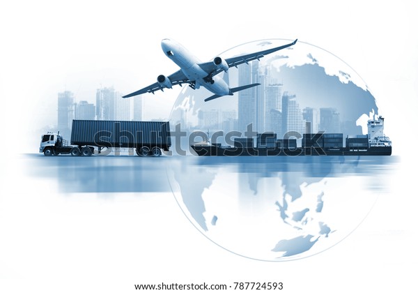 Transportation,\
import-export and logistics concept, container truck, ship in port\
and freight cargo plane in transport and import-export commercial\
logistic, shipping business industry\
