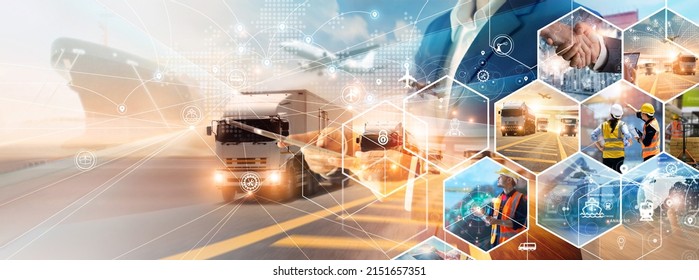 Crecimiento de la red de transporte y logística. Buques de carga y camiones de carga industrial para el transporte marítimo. Industria de exportación y transporte de productos logísticos de las empresas. 