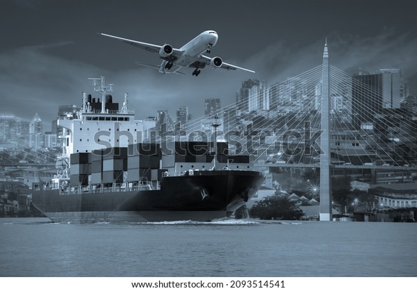 Transportation and logistics of aircraft,\
cargo ships and industrial containers. blue\
background