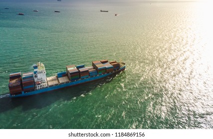 Transportation Logistics Cargo Shipping Fright And Import Export Business Open Sea Asia Pacific Aerial View From Drones Camera Evening Time