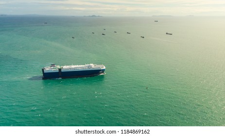 Transportation Logistics Cargo Shipping Fright And Import Export Business Open Sea Asia Pacific Aerial View From Drones Camera Evening Time