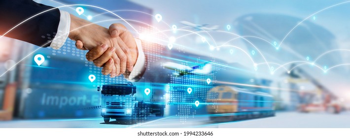 Transportation And Logistics Concept, Import And Export Business, Businessman Handshake Of Global Network Connection And Logistics Partnership, Distribution, Shipping, Online Goods Orders. 