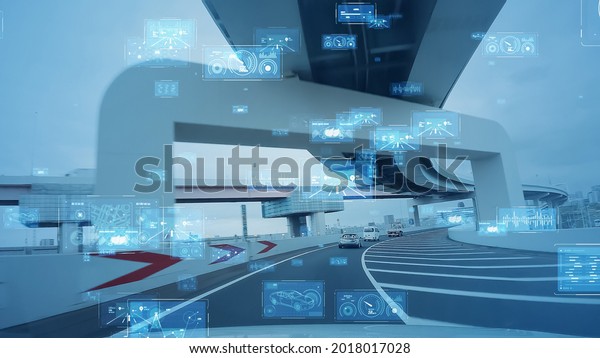 Transportation and technology\
concept. HUD (Heads up display). ITS (Intelligent Transport\
Systems). 