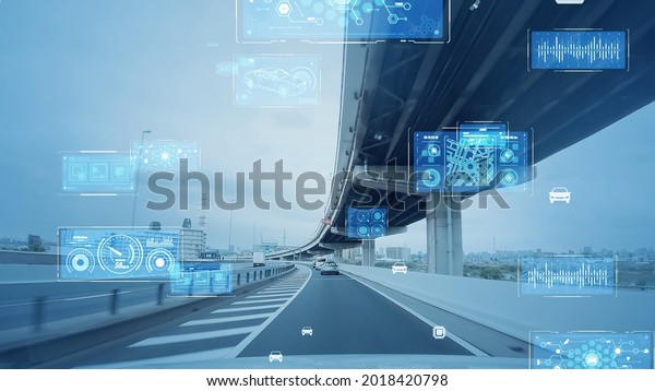 Transportation and technology\
concept. HUD (Heads up display). ITS (Intelligent Transport\
Systems).