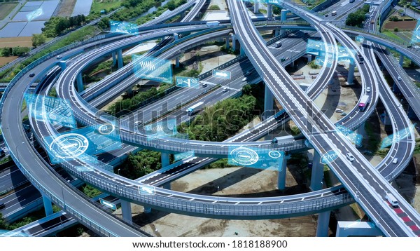Transportation and technology concept. ITS\
(Intelligent Transport Systems). Mobility as a service. Digital\
traffic sign.