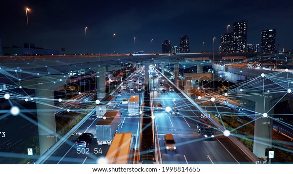 Transportation and technology concept. ITS\
(Intelligent Transport Systems). Mobility as a\
service.Telecommunication. IoT (Internet of Things). ICT\
(Information communication\
Technology).