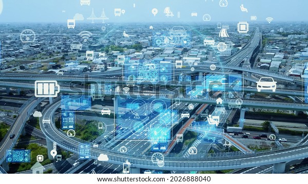 Transportation and technology\
concept. ITS (Intelligent Transport Systems). Digital\
transformation.