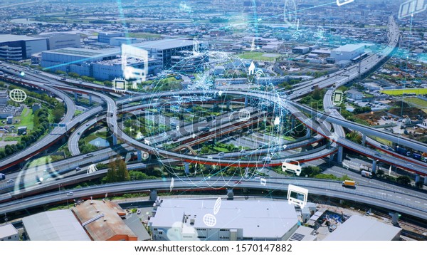 Transportation and technology concept. IoT\
(Internet of Things). Communication\
network.