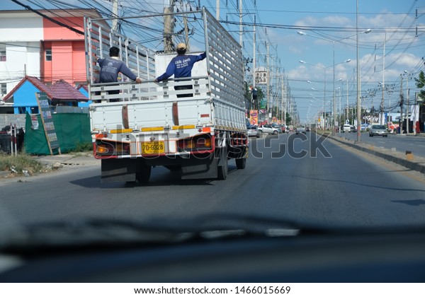 Transportation truck running in public road/ \
Transportation truck in Thailand/ Nonthaburi, Thailand - July 28,\
2019 : Transportation truck in\
Thailand