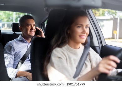 Transportation, Vehicle And People Concept - Happy Smiling Male Passenger Calling On Phone In Taxi Car