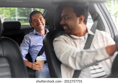 transportation, vehicle and people concept - happy smiling middle aged male passenger with coffee cup talking to taxi car driver