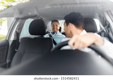transportation, vehicle and people concept - middle aged male passenger talking to car driver