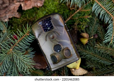 Trap Or Hunting Camera With Infrared Light And A Motion Detector On The Forest Floor