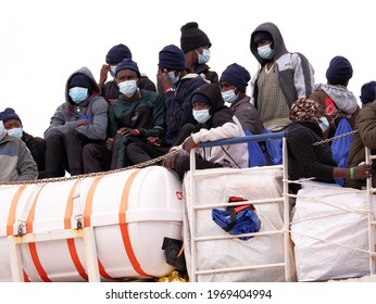 TRAPANI, SICILY, ITALY – MAY 4: Migrants On Board On Rescue Vessel Sea-watch 4 After The Migratory Events In Mediterranean Sea On 2021 In Trapani.