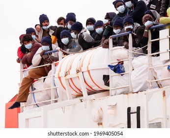 TRAPANI, SICILY, ITALY – MAY 4: Migrants On Board On Rescue Vessel Sea-watch 4 After The Migratory Events In Mediterranean Sea On 2021 In Trapani.